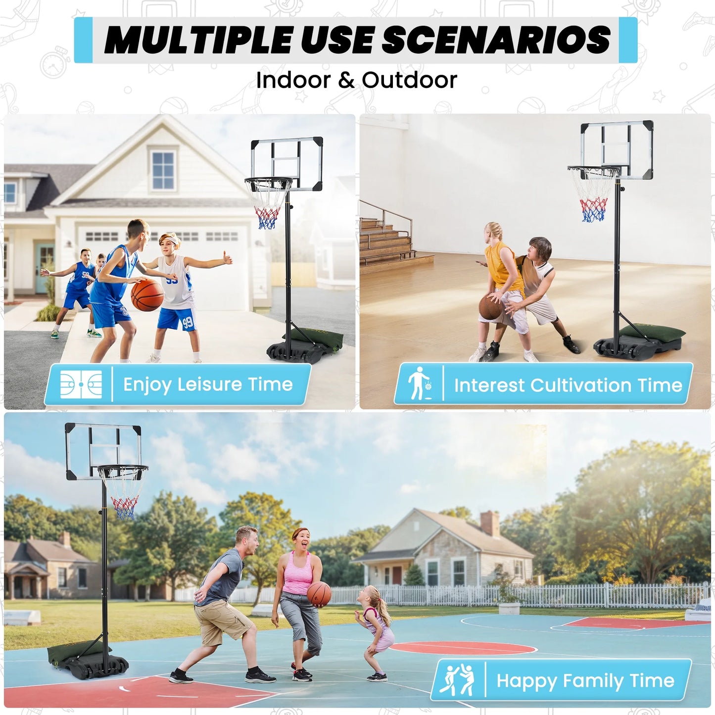 Basketball Hoop Basketball Goal System Height Adjustable 5.1Ft-7Ft Court for All Age Ranges Indoor Outdoor Use