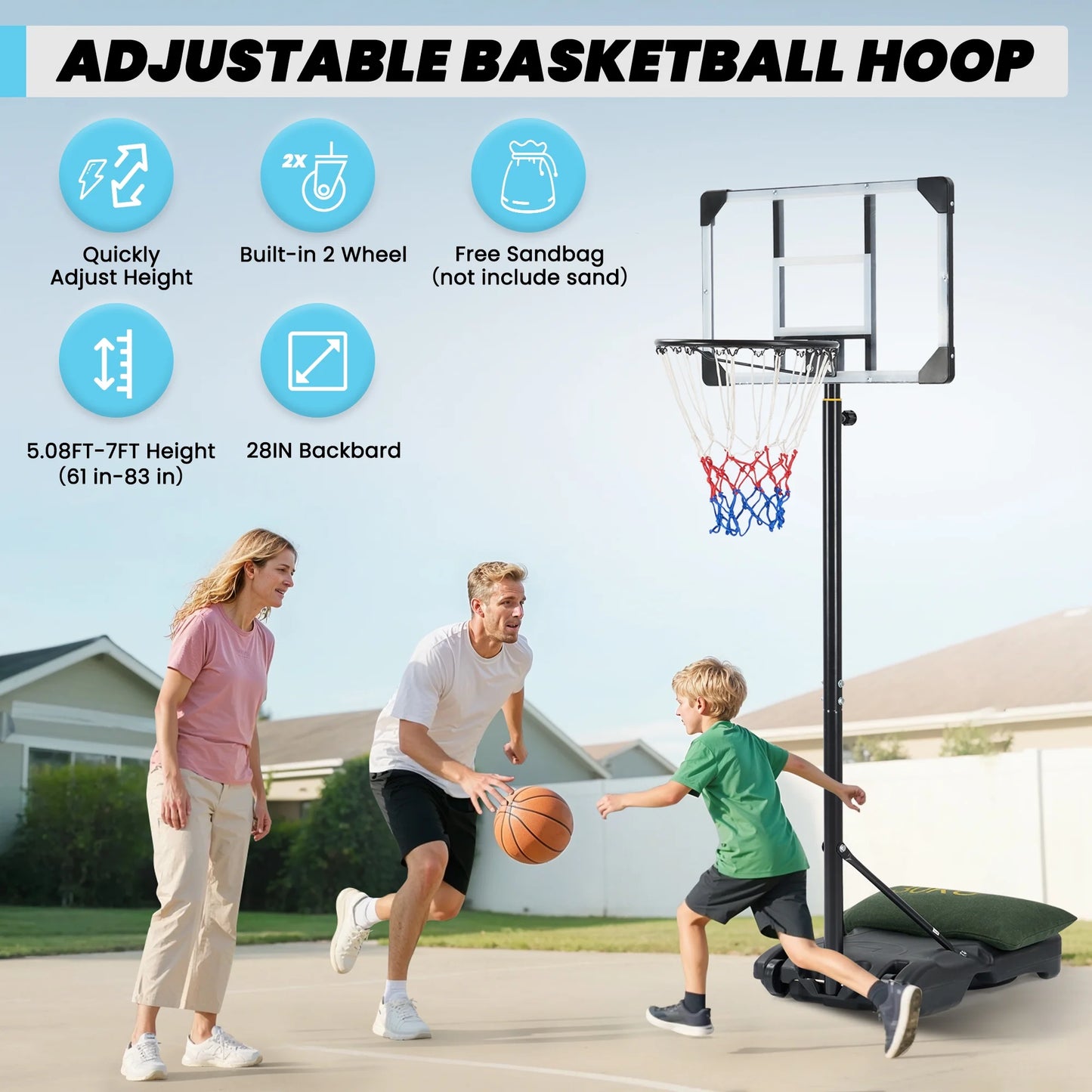 Basketball Hoop Basketball Goal System Height Adjustable 5.1Ft-7Ft Court for All Age Ranges Indoor Outdoor Use