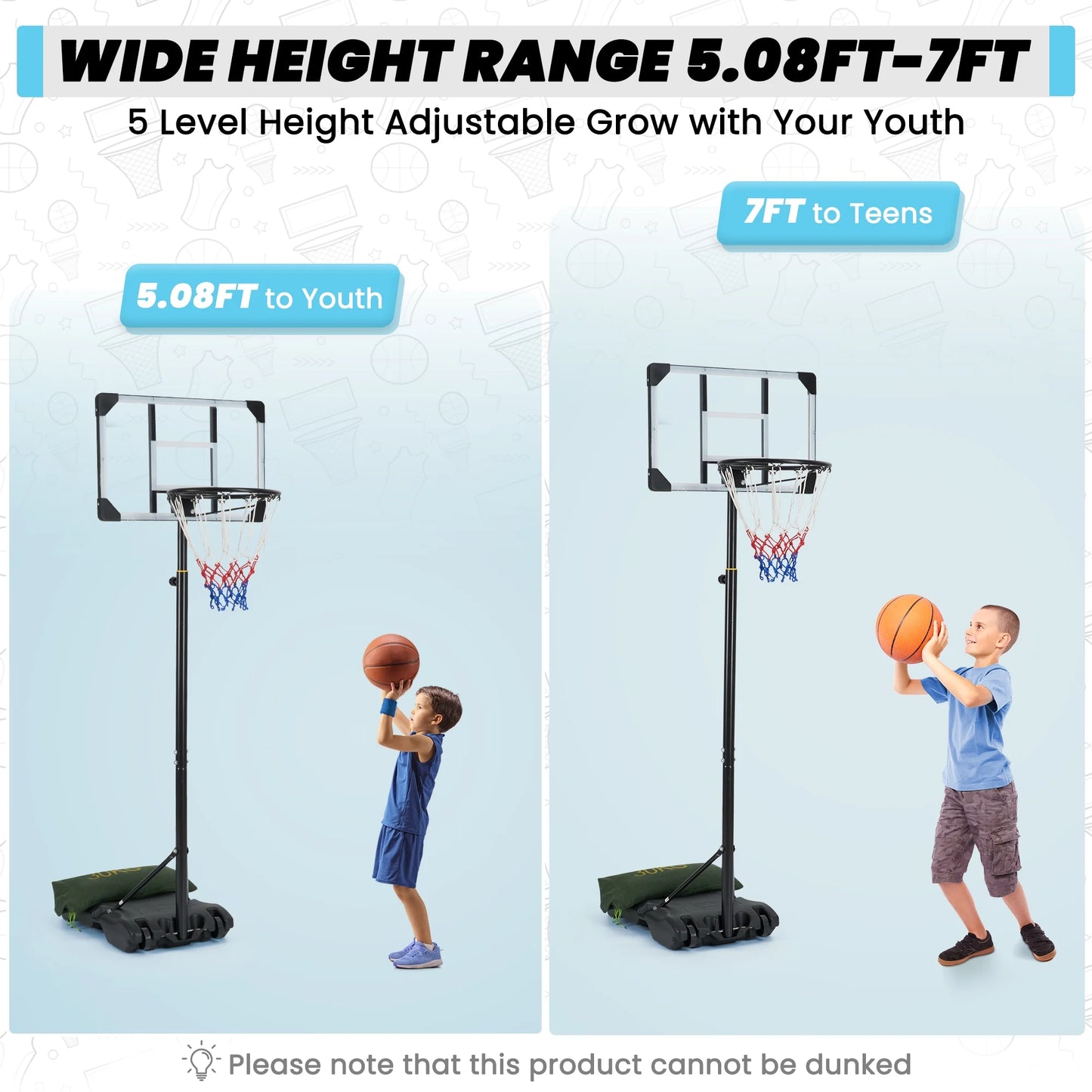 Basketball Hoop Basketball Goal System Height Adjustable 5.1Ft-7Ft Court for All Age Ranges Indoor Outdoor Use